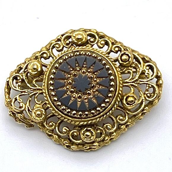 Vintage Ornate Gold-Tone Filigree Brooch Pin Black Starburst Florenza-Style - Picture 1 of 10